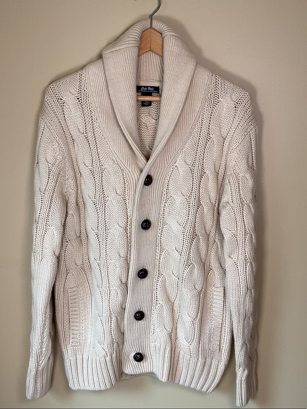 Men,s Cali Holiday Cream Cable Knit Shawl Collar Cardigan Size L